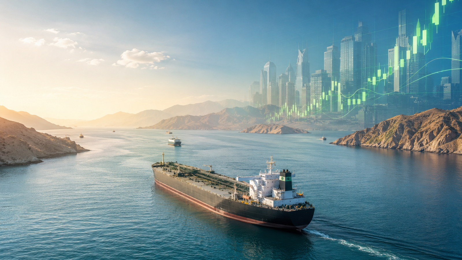 Oil tanker traveling through a calm Middle Eastern shipping corridor with a rising financial market overlay and city skyline in the background.