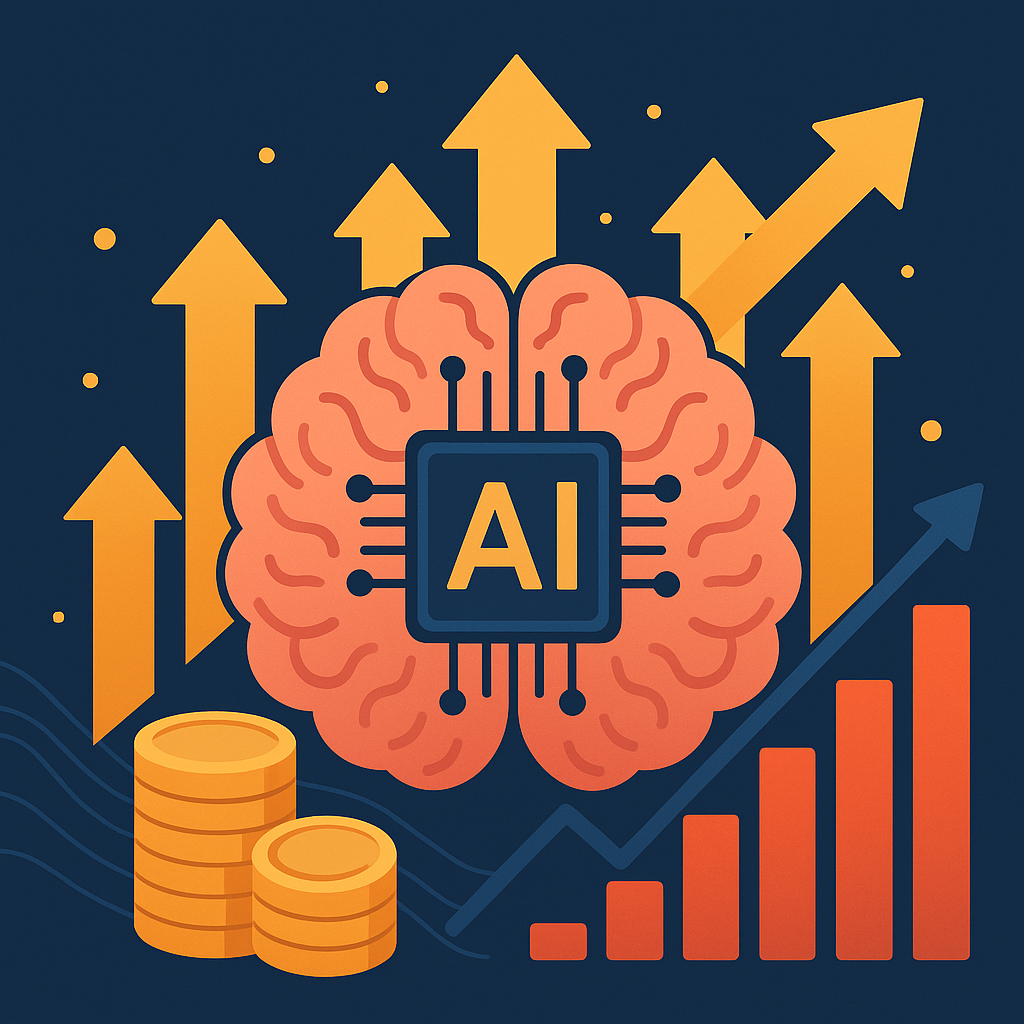 Illustration of a digital brain with an AI microchip at the center, surrounded by upward arrows, gold coins, and a bar chart on a dark blue background.