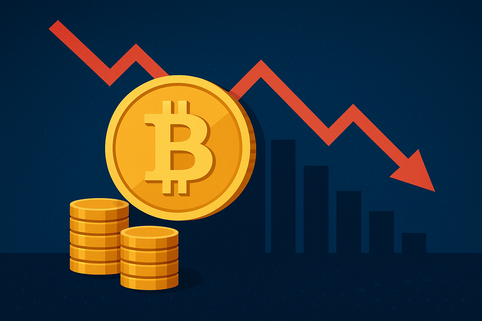 Digital illustration of a large Bitcoin coin with a downward red arrow and declining bar chart in the background, symbolizing market correction.