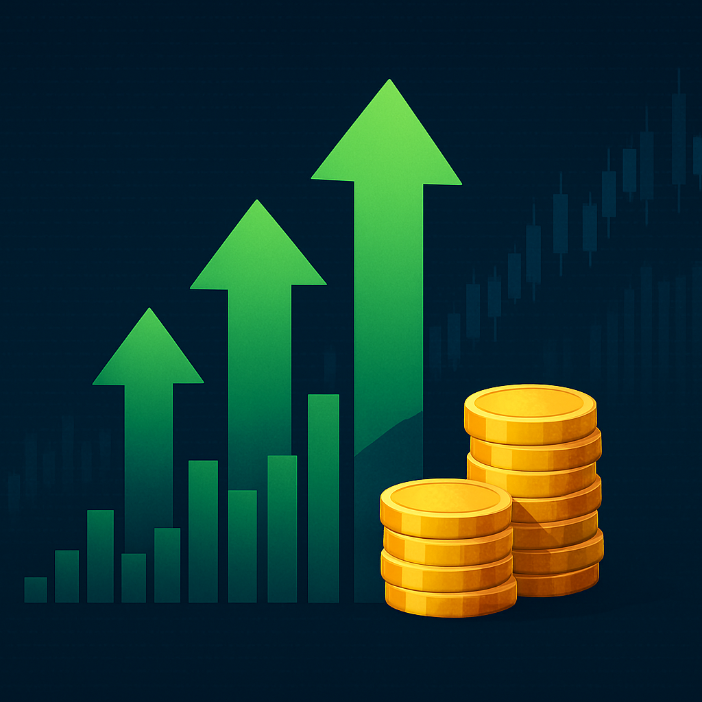 Illustration of upward green arrows and a bar chart with stacked gold coins on a stock market data background, symbolizing stock market expansion.