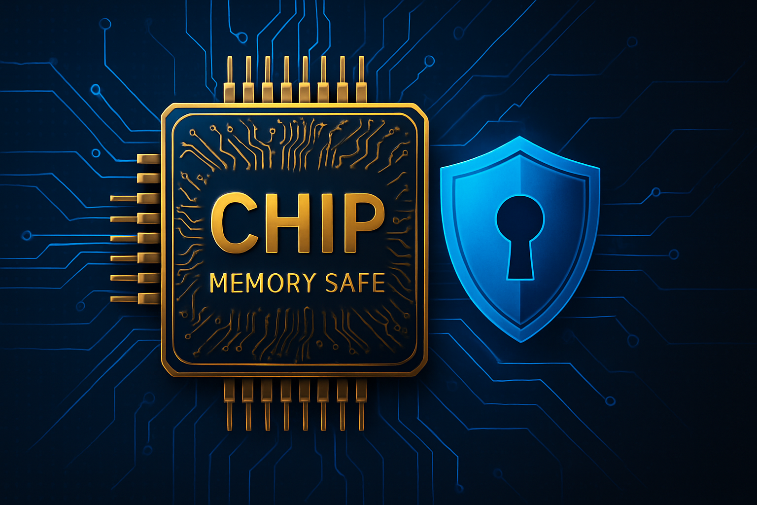 A digital illustration of a gold-outlined semiconductor chip labeled "CHIP MEMORY SAFE" next to a blue security shield with a keyhole, set against a neon circuit board background.