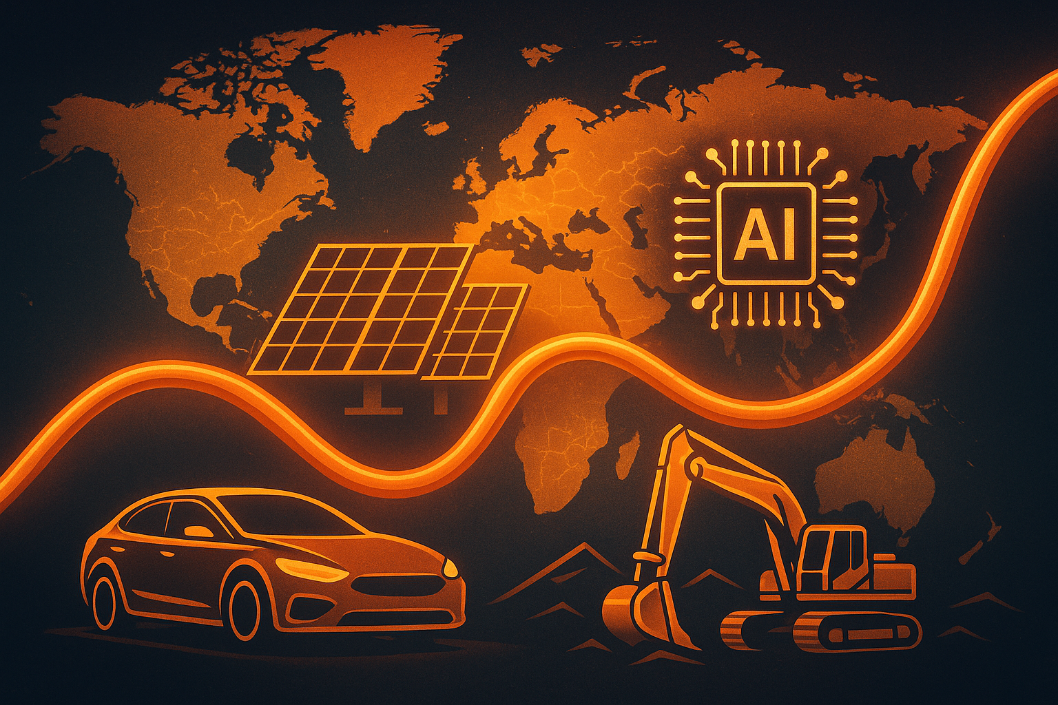 Glowing copper wire connecting an electric vehicle, solar panels, an AI chip, and mining equipment over a global map in warm orange tones.