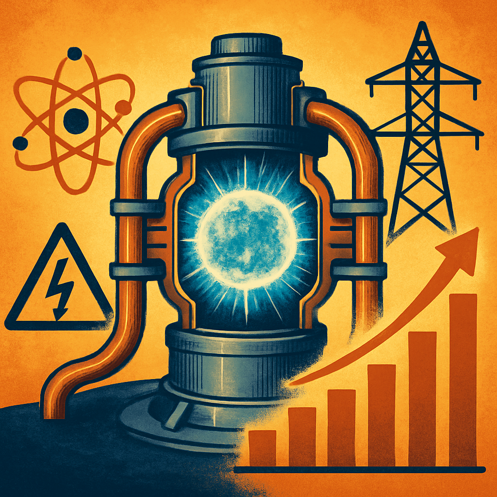 Futuristic digital illustration of a nuclear fusion reactor surrounded by energy and financial symbols, including an atom icon, power lines, and an upward-trending bar graph.