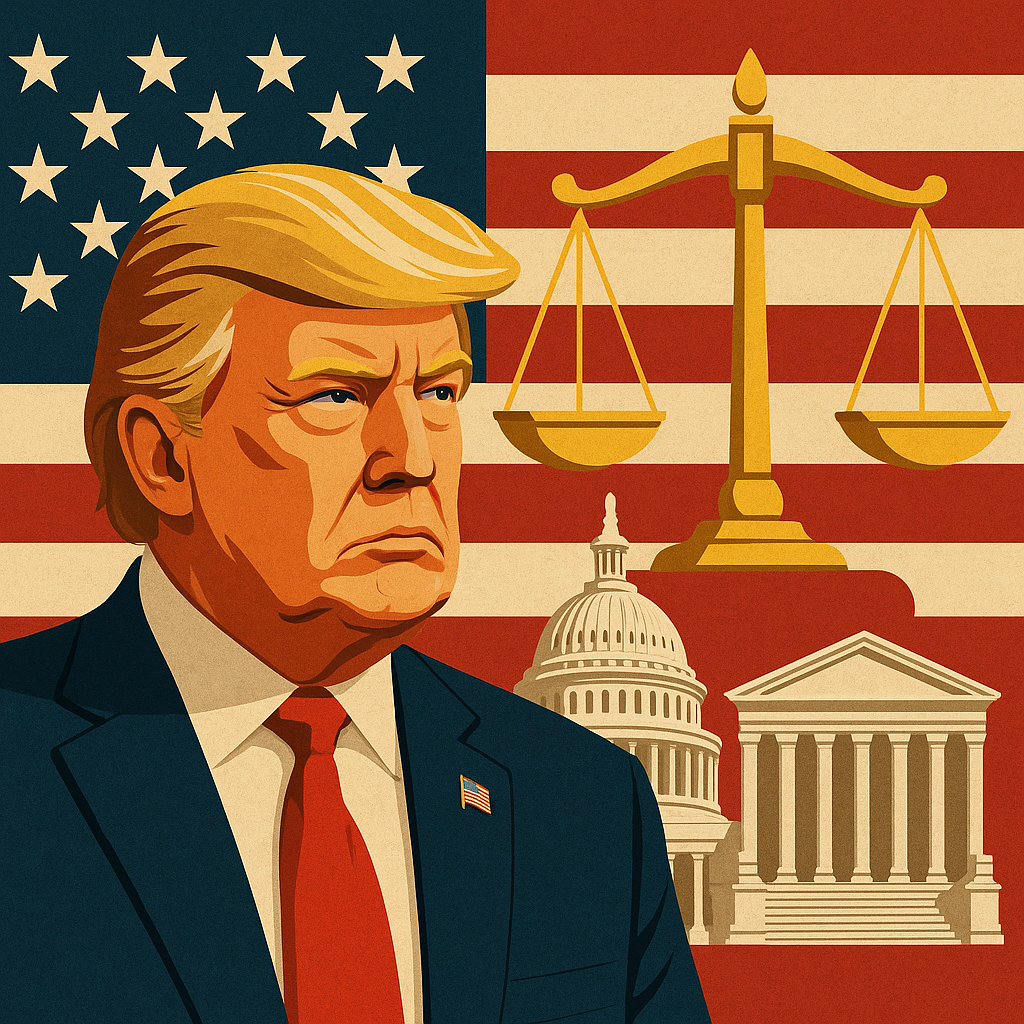 Illustration of Donald Trump with American flag, scales of justice, Capitol, and Supreme Court building in the background.