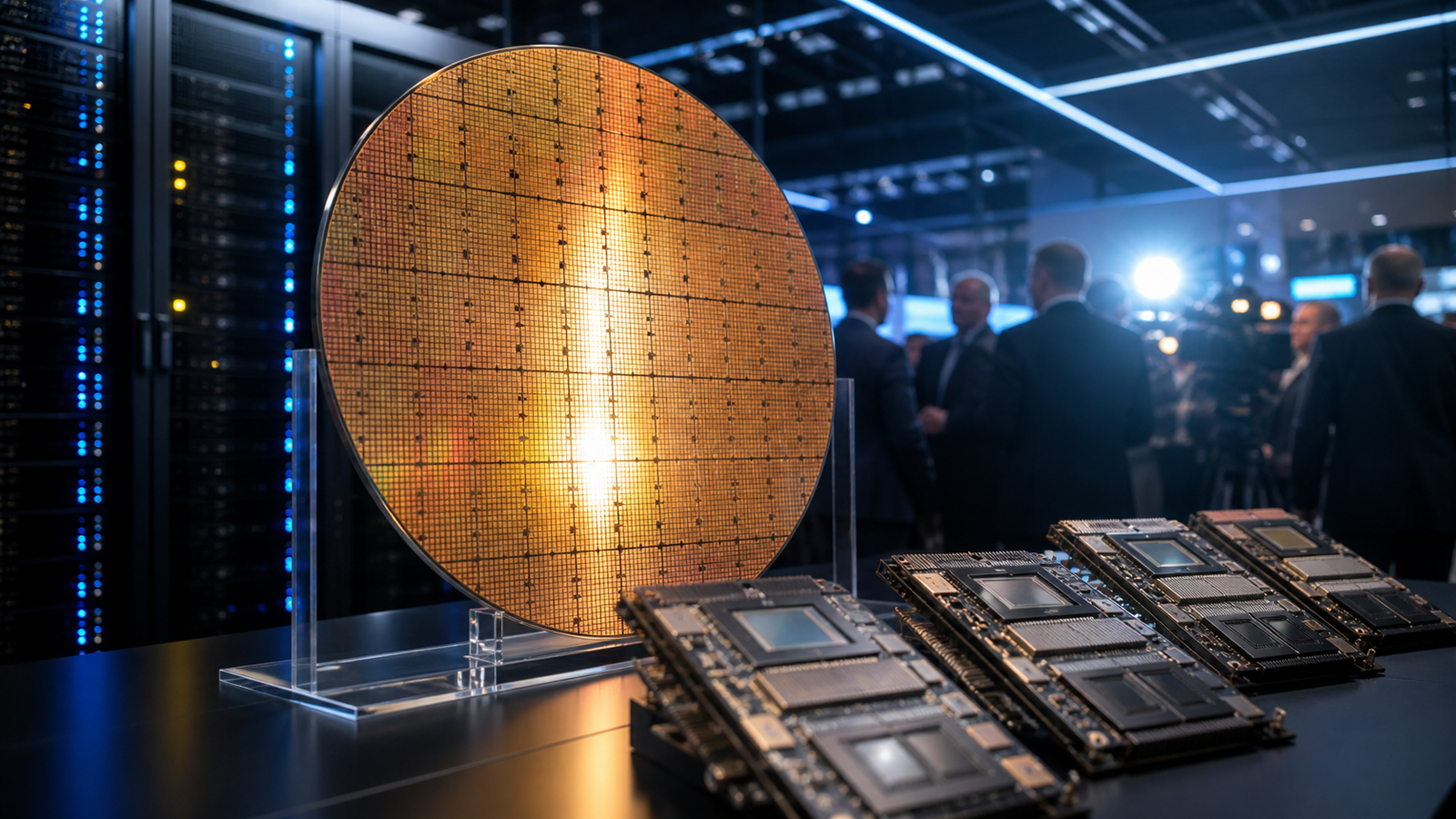 A large golden silicon wafer stands beside advanced AI accelerator boards in a data center with investors and media lights in the background.