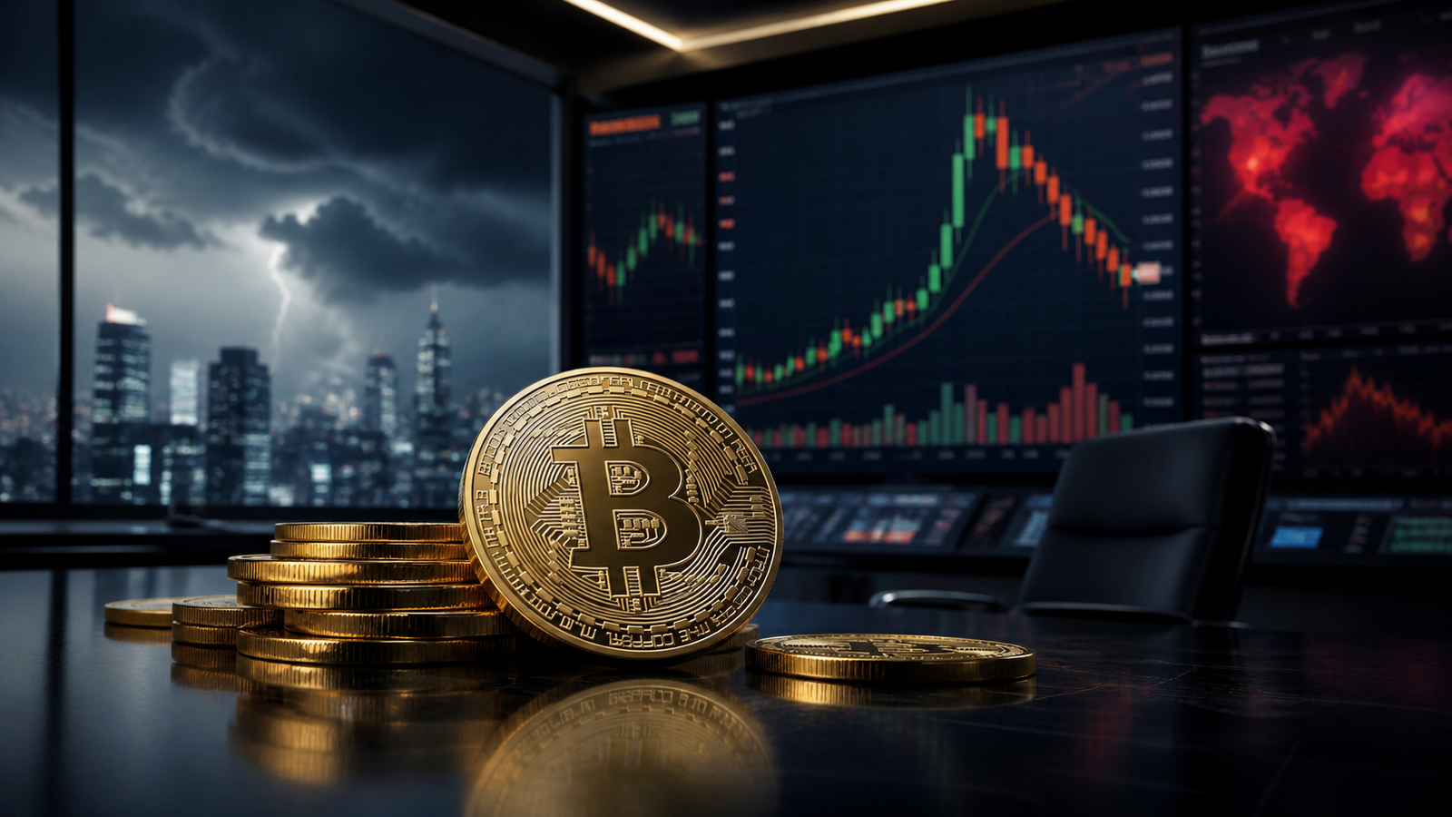 Gold Bitcoin coins sit on a trading desk in front of market screens showing a sharp rise followed by a pullback, with storm clouds over a city skyline.
