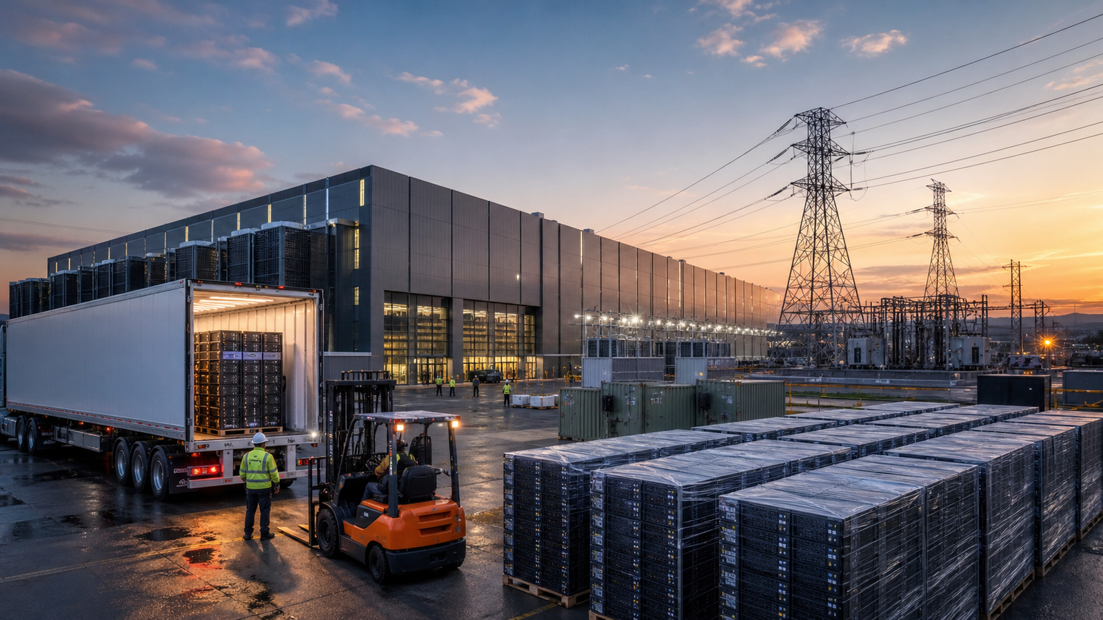 A modern data center is supplied with server equipment by truck and forklift beside power transmission towers and an electrical substation at sunset.