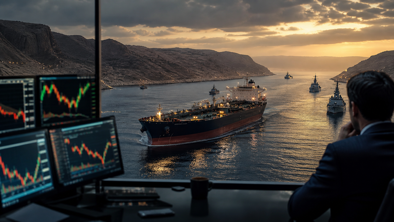 A crude oil tanker moves through a narrow waterway with naval ships nearby while a trader watches market screens from a glass-walled office.