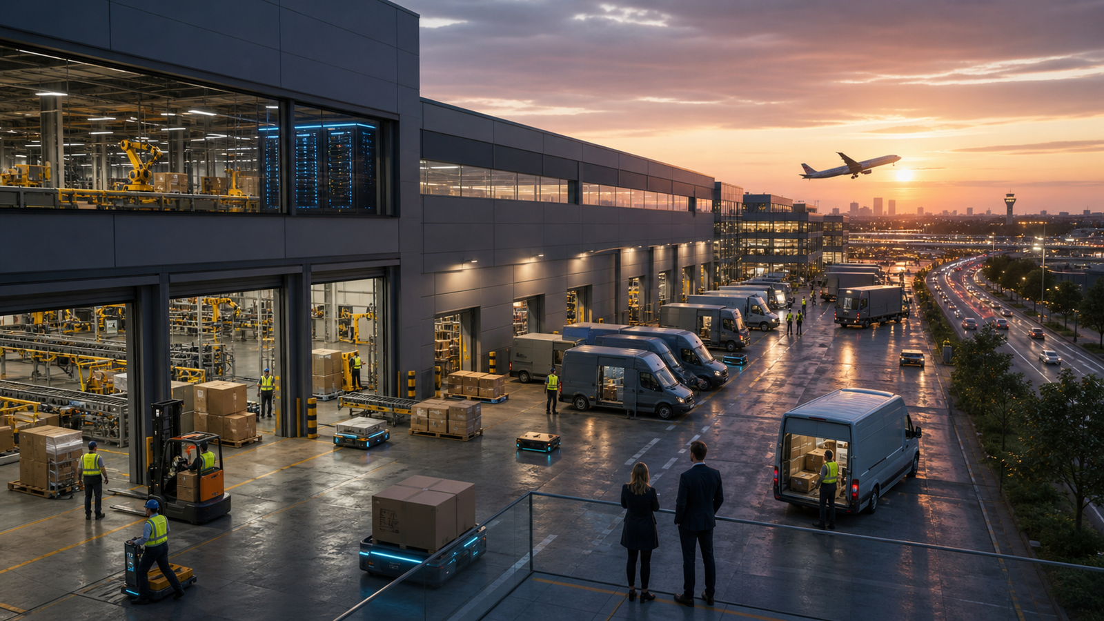 A large automated logistics hub operates at sunset with delivery vans, cargo trucks, warehouse workers, robotic carts, and an airplane in the background.