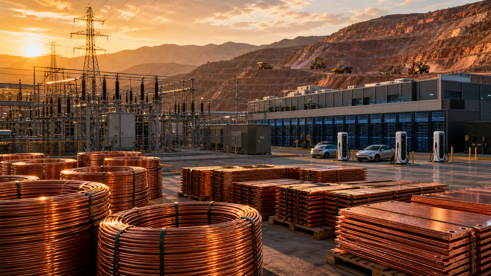 Stacks of copper coils and copper plates sit beside power lines, an electrical substation, EV chargers, a data center, and an open-pit mine at sunset.