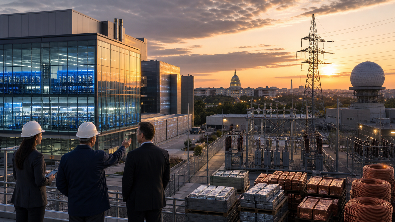 Officials and engineers overlook a modern technology campus with blue-lit chip facilities, power infrastructure, metal ingots, copper coils, and Washington landmarks at sunset.
