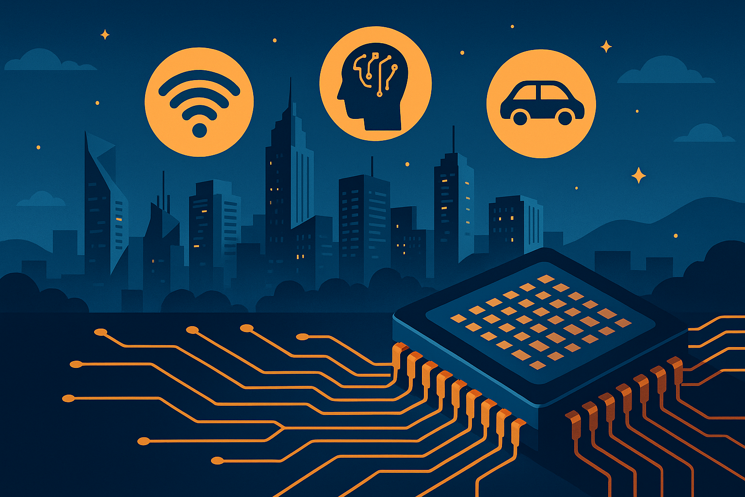 Futuristic cityscape with a glowing AI microchip connected to urban infrastructure and smart technology icons.