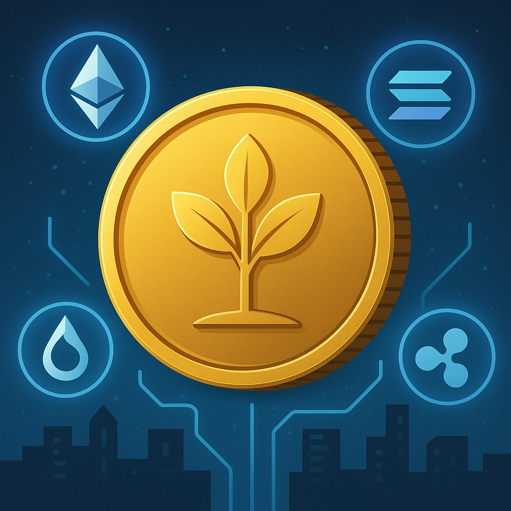 A stylized golden coin surrounded by digital blockchain nodes and corporate infrastructure elements, representing a company investing in cryptocurrency.