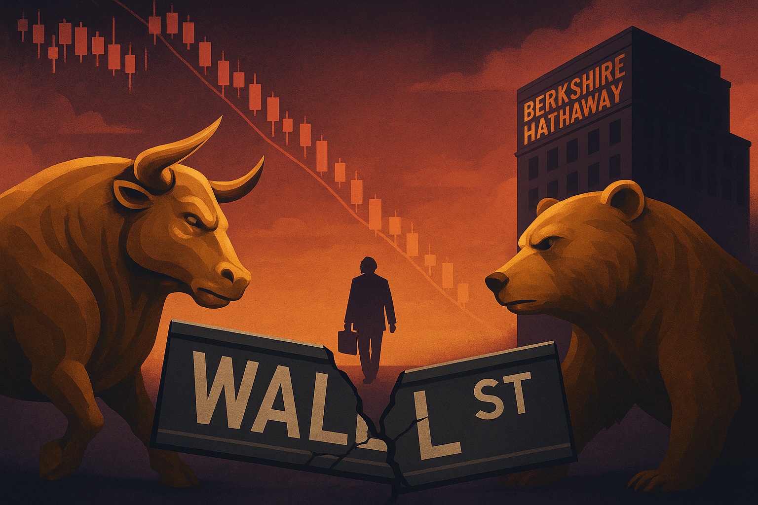 Illustration of a symbolic stock market scene with a bull and bear on a cracked Wall Street sign, descending stock chart, and Warren Buffett walking away in the background.