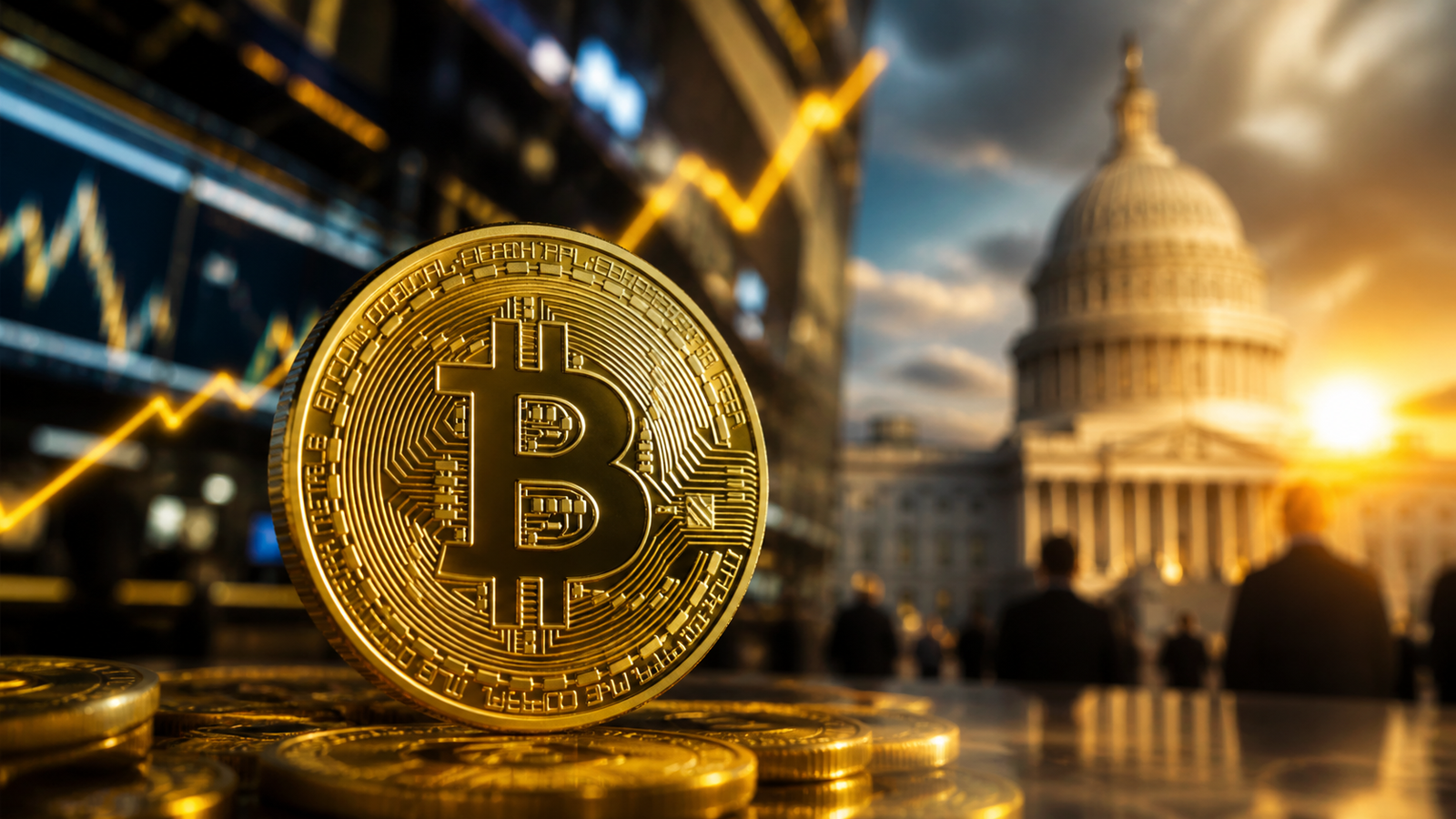 Gold Bitcoin coin in front of blurred trading screens and the U.S. Capitol, symbolizing crypto market momentum and regulatory developments.