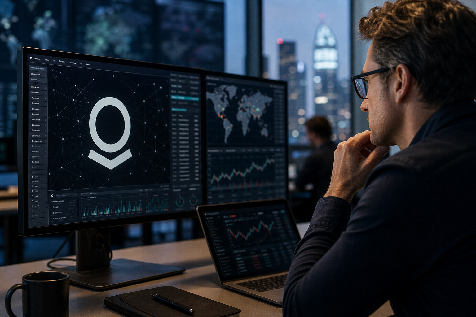Professional analyst reviewing data on multiple monitors displaying AI-driven analytics and global market trends in a modern office at night