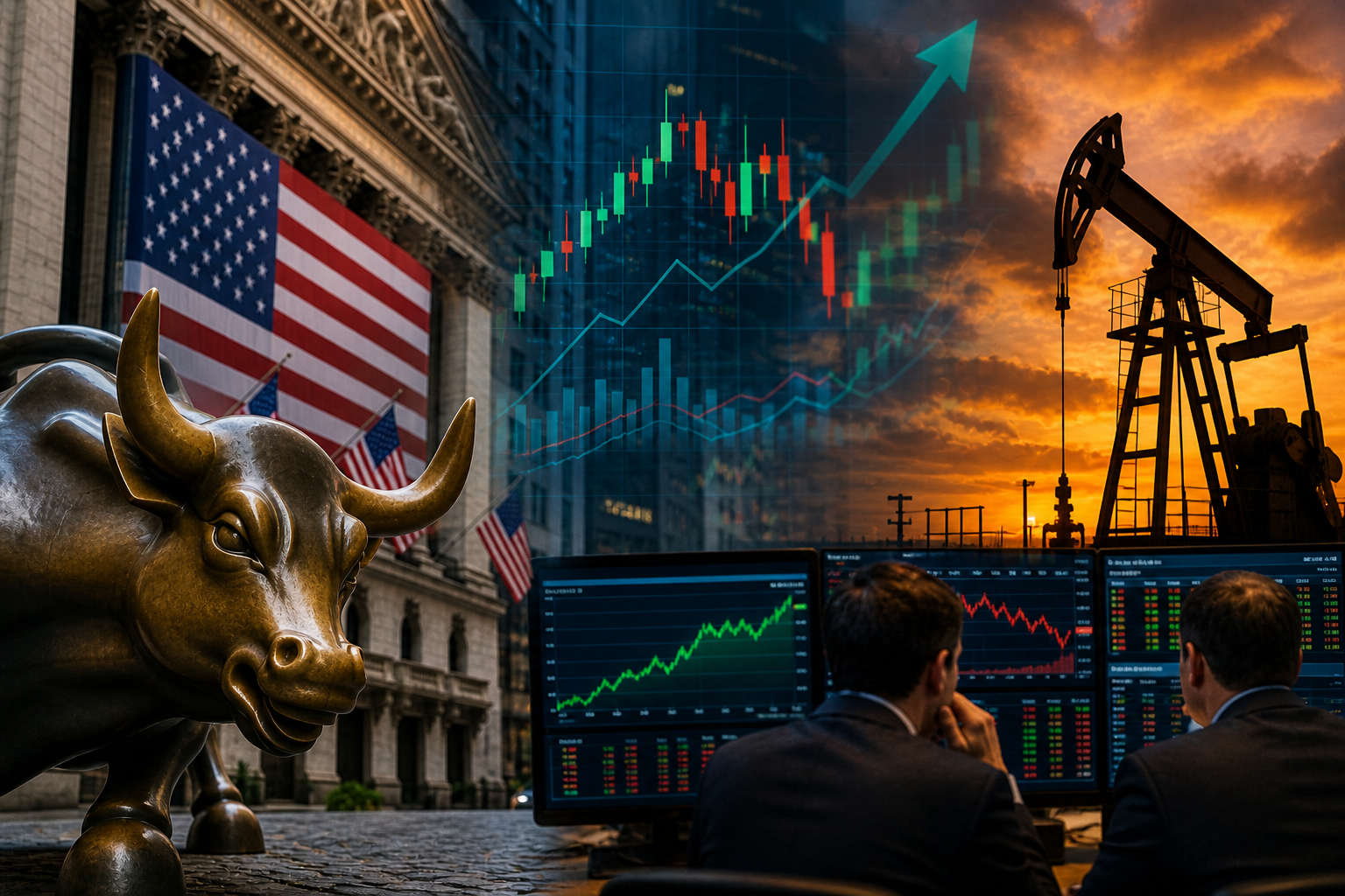 Wall Street bull statue near a stock exchange building with traders analyzing market data screens and an oil pumpjack at sunset, symbolizing the link between equities and energy markets