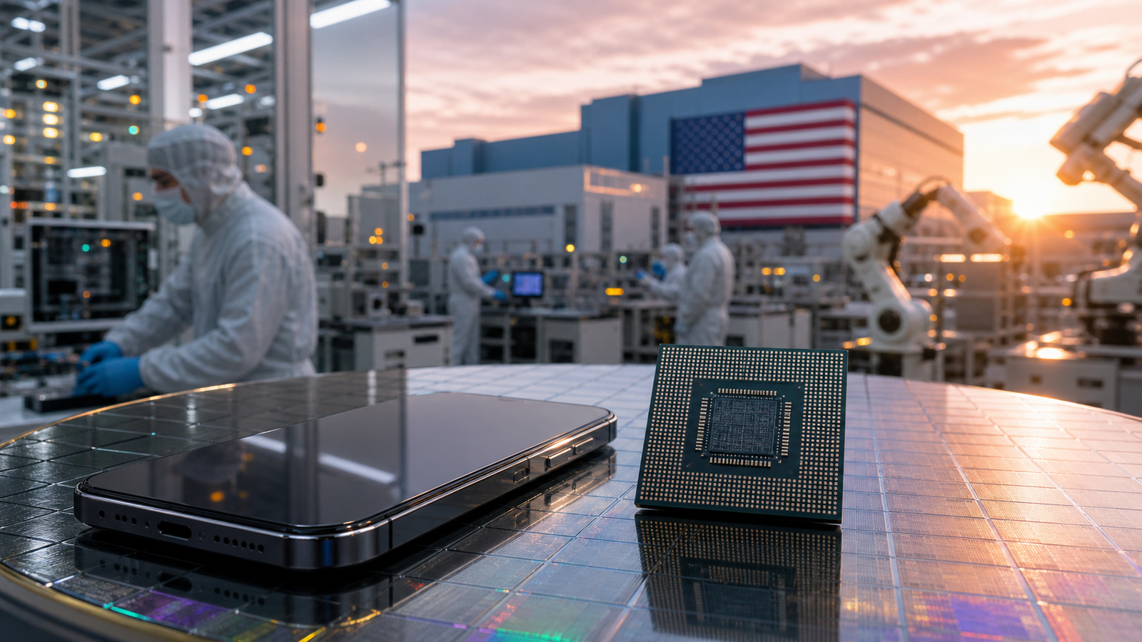 Advanced processor chip and sleek smartphone on a silicon wafer inside a modern semiconductor fabrication facility with cleanroom engineers and a U.S. manufacturing backdrop.