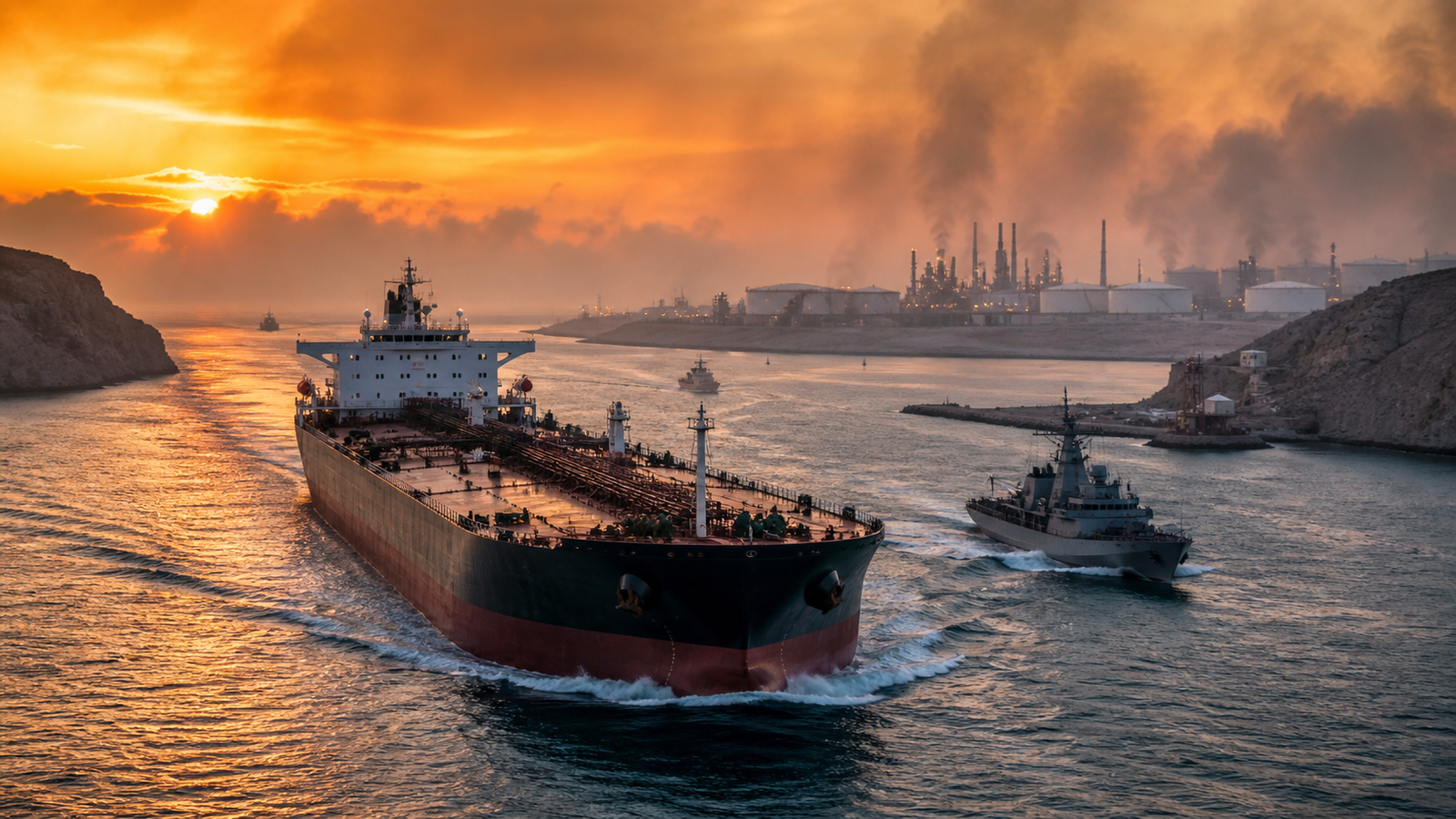 A large oil tanker moves through a narrow Gulf waterway at sunset with a military escort vessel nearby and refinery infrastructure in the background.