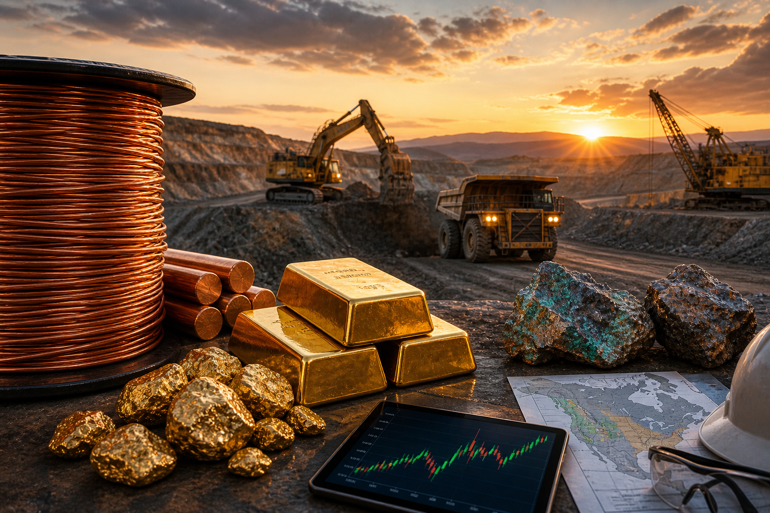 Open-pit mining site at sunset with heavy machinery, copper coils, gold bars, and raw ore in the foreground, symbolizing rising demand for critical metals