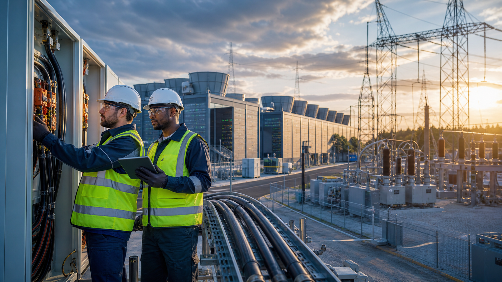 Electrical engineers inspect power equipment and heavy cables beside a modern data center campus, substation, and transmission lines at sunset.