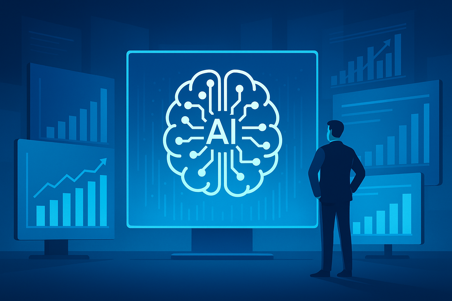 A businessman in a suit stands before a glowing digital screen displaying an AI brain icon, surrounded by financial charts and bar graphs.