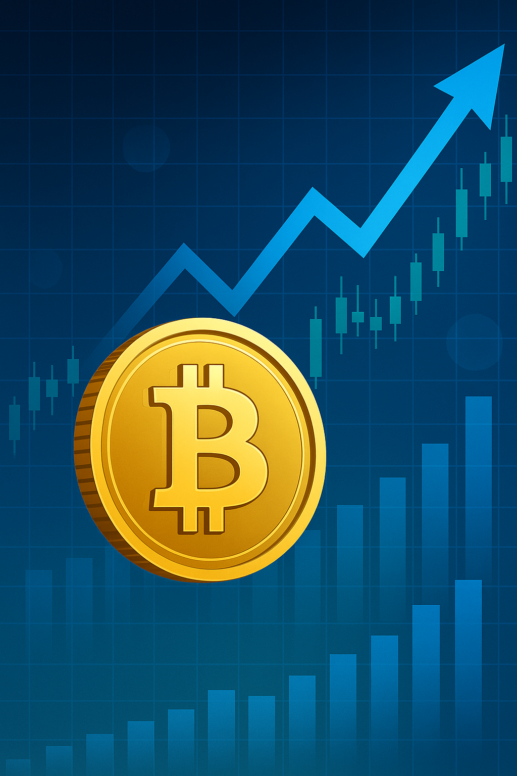Digital illustration of a large gold Bitcoin symbol with an upward arrow and financial chart background.