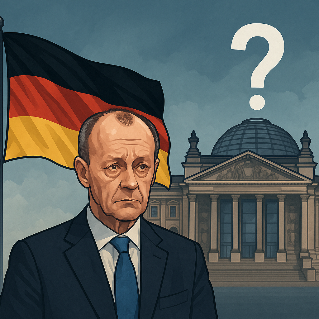 A digital illustration depicting Friedrich Merz with a solemn expression, standing in front of the Reichstag building, as the German flag waves beside him. A large question mark hovers in the background, symbolizing the uncertain future of Germany’s leadership.