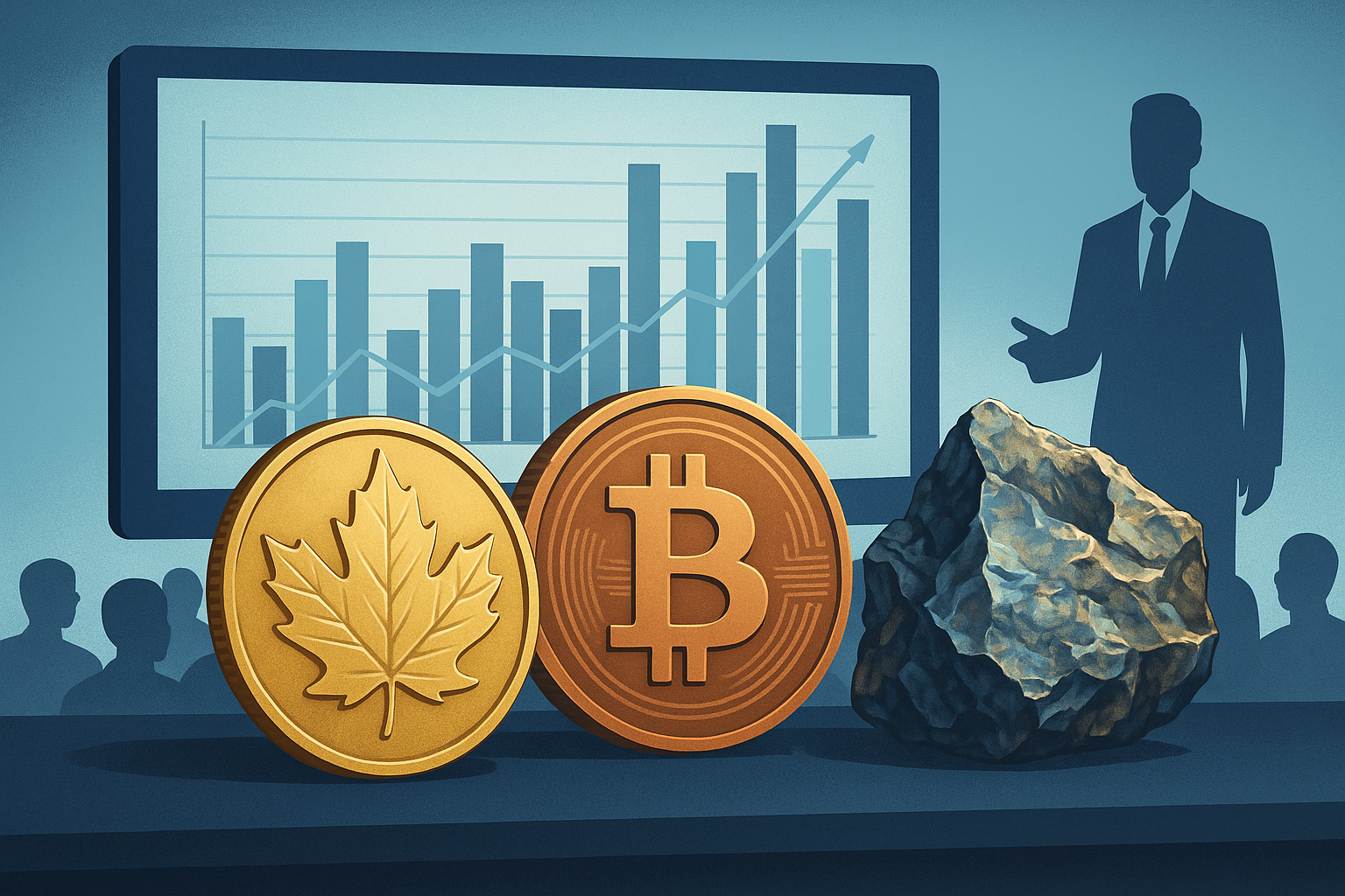 A digital illustration depicting key elements of the metals and mining sector, including a gold maple leaf coin, a Bitcoin coin, and a mineral specimen, set against a virtual backdrop with a businessperson silhouette and bar charts symbolizing growth.