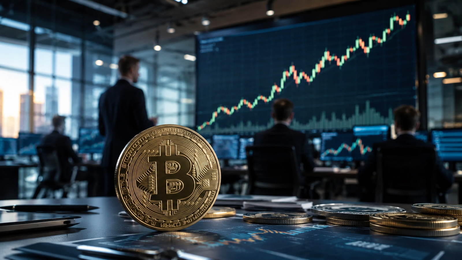 A Bitcoin coin sits on a desk in a modern trading office as analysts watch a sharply rising market chart on a large screen.