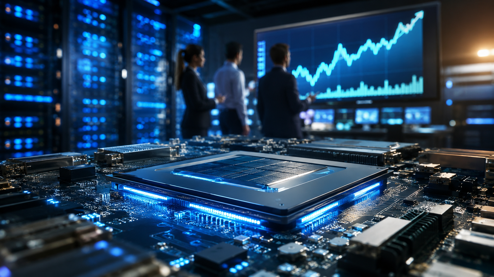 A high-performance semiconductor chip glows on a circuit board inside a data center while professionals review an upward-trending market chart in the background.