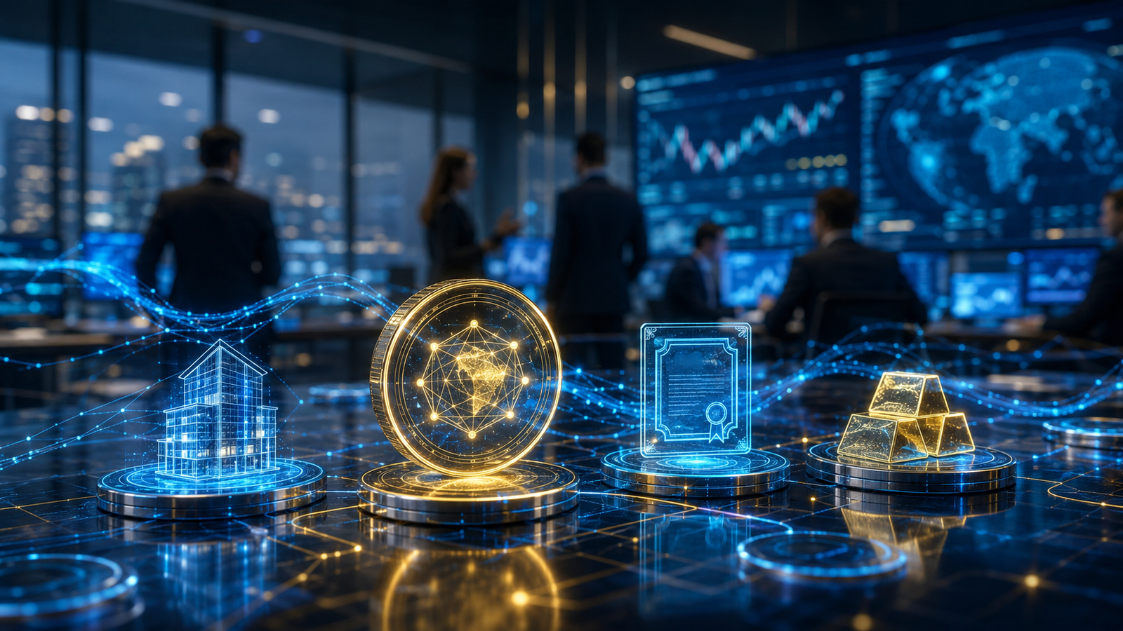 Digital tokens representing real estate, securities, commodities, and blockchain networks glow on a trading desk as financial professionals monitor market screens in the background.