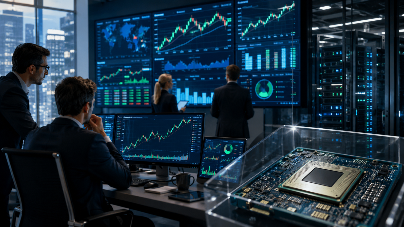 Financial professionals review rising market charts in a modern trading office while a high-performance chip and server racks symbolize AI-driven earnings growth.