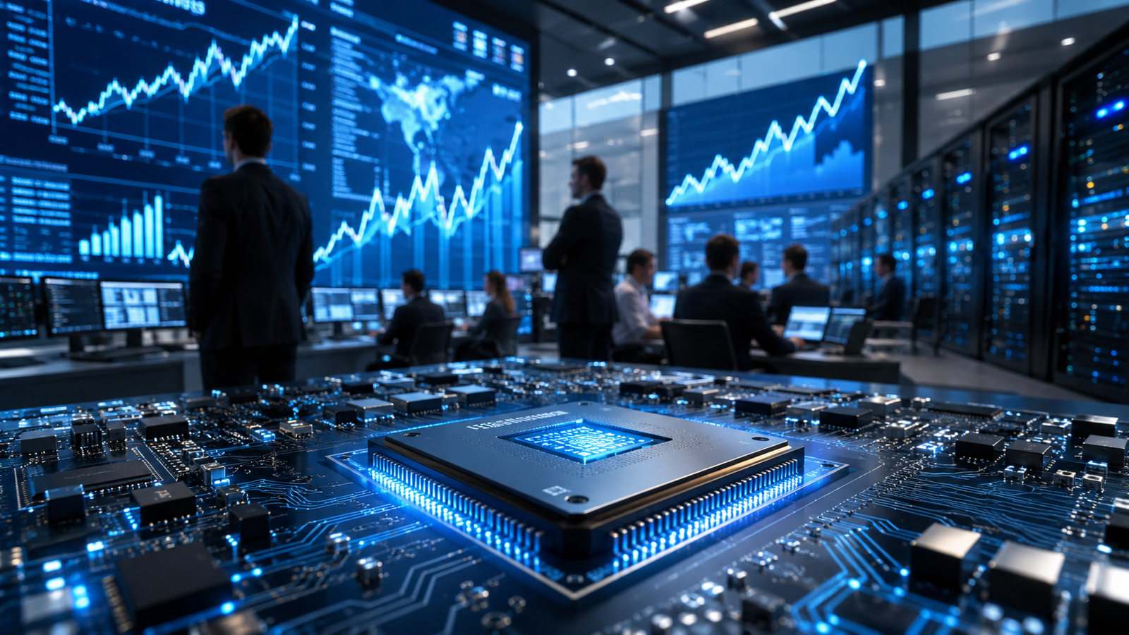 An advanced semiconductor chip glows on a circuit board as financial professionals monitor rising market charts and server racks in a modern trading operations room.