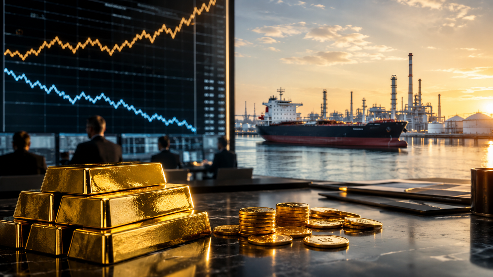 Gold bars and coins sit on a trading desk while an oil tanker rests near a refinery at sunrise and market screens show diverging commodity trends.