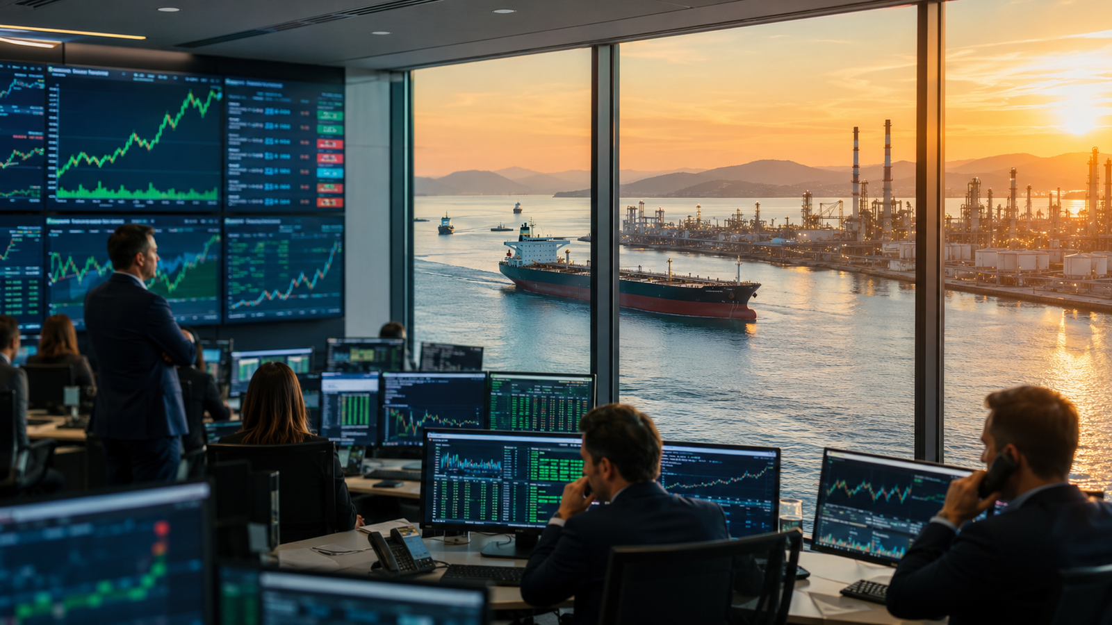 Traders monitor rising market charts in a modern financial control room overlooking a calm waterway with an oil tanker and refinery at sunset.