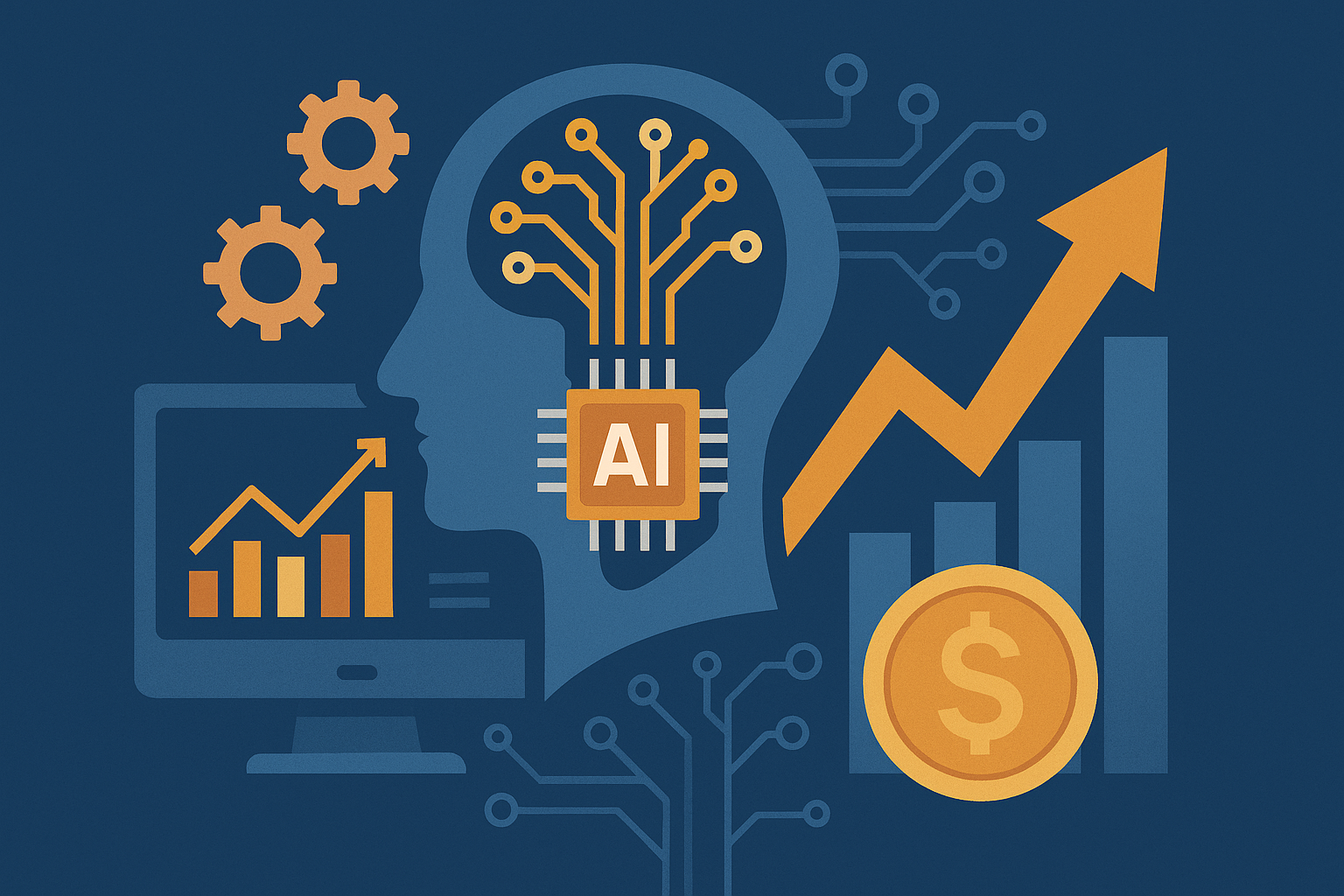 A digital illustration showing a human-like AI head with a neural network, financial data charts, and a city skyline with an upward arrow representing growth.