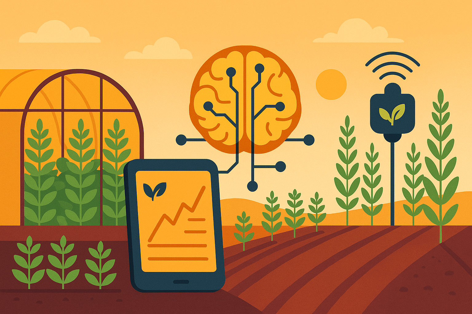 A symbolic digital illustration showing a greenhouse with healthy plants, an AI brain icon, a data tablet, and a crop sensor set in a stylized agricultural landscape.