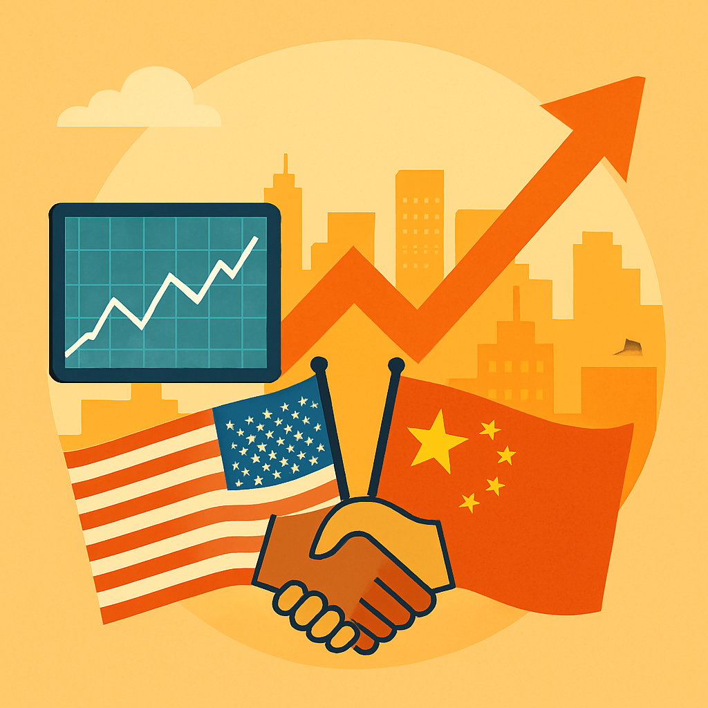 An abstract illustration showing a bullish figure ascending upward on financial graphs and cityscape elements, symbolizing rising stock market trends.
