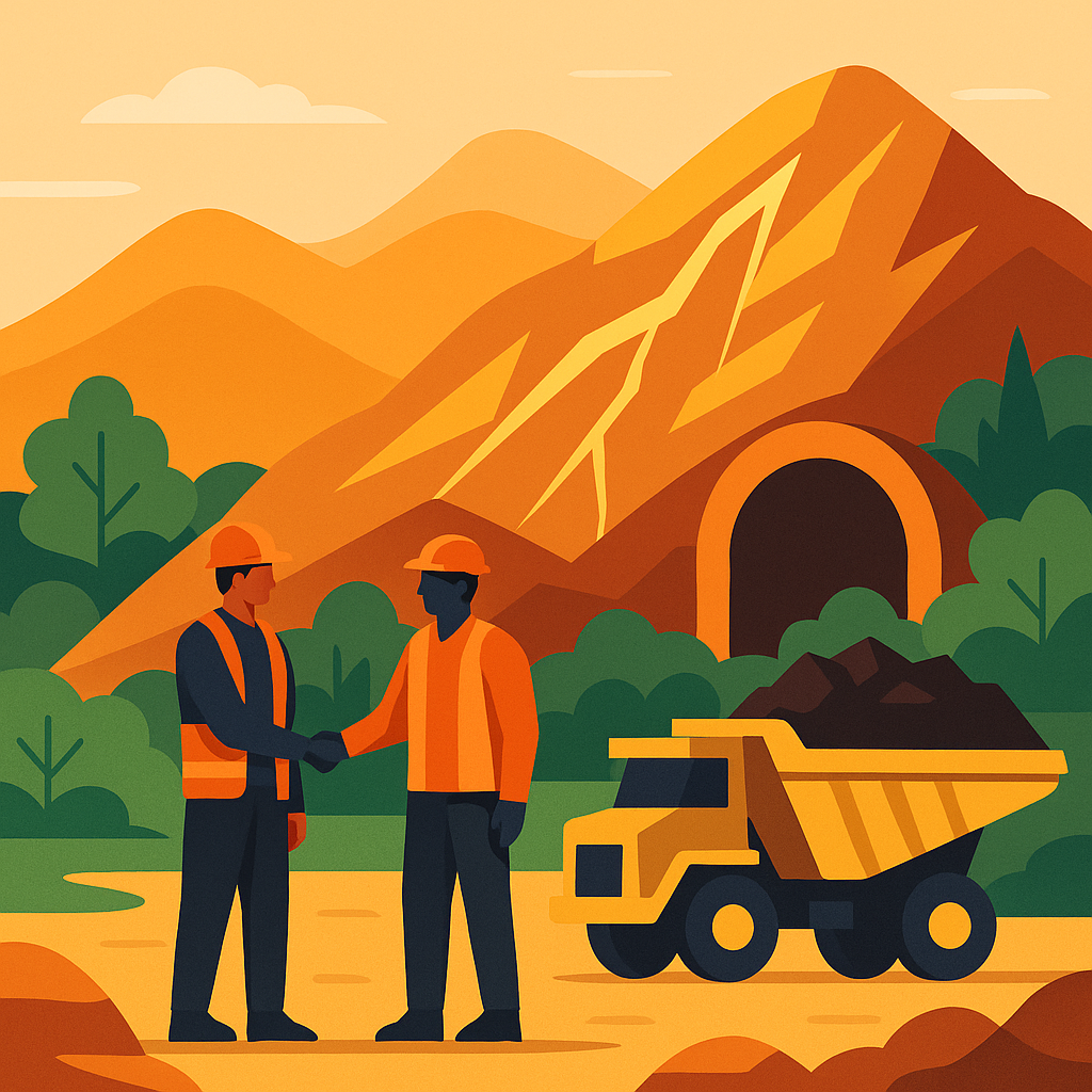 A vibrant, flat-style digital illustration depicting a gold mining partnership, with two miners shaking hands in the foreground, a mining truck, and gold veins visible in the mountains behind.