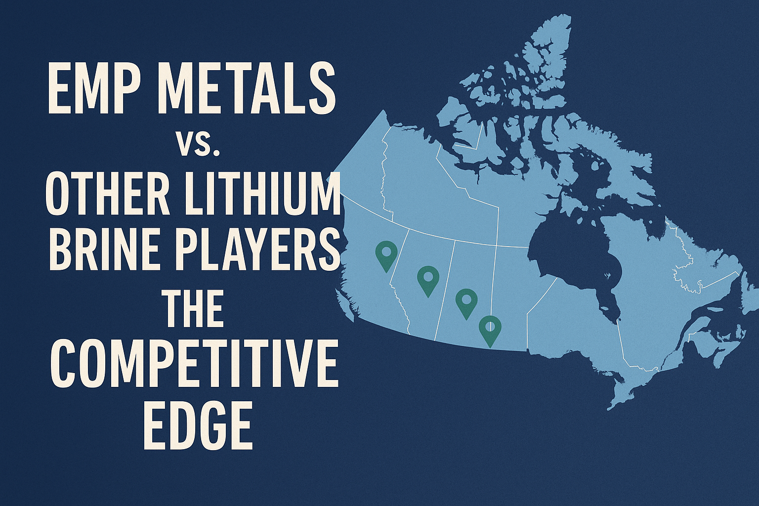 Map of Western Canada highlighting lithium brine project locations with bold text reading "EMP Metals vs. Other Lithium Brine Players – The Competitive Edge"