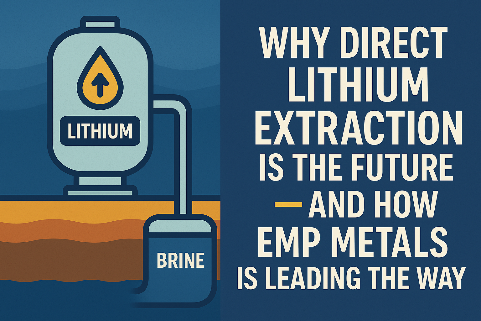 Infographic showing a simplified Direct Lithium Extraction system pulling lithium from brine, with bold text stating "Why Direct Lithium Extraction is the Future — And How EMP Metals is Leading the Way"