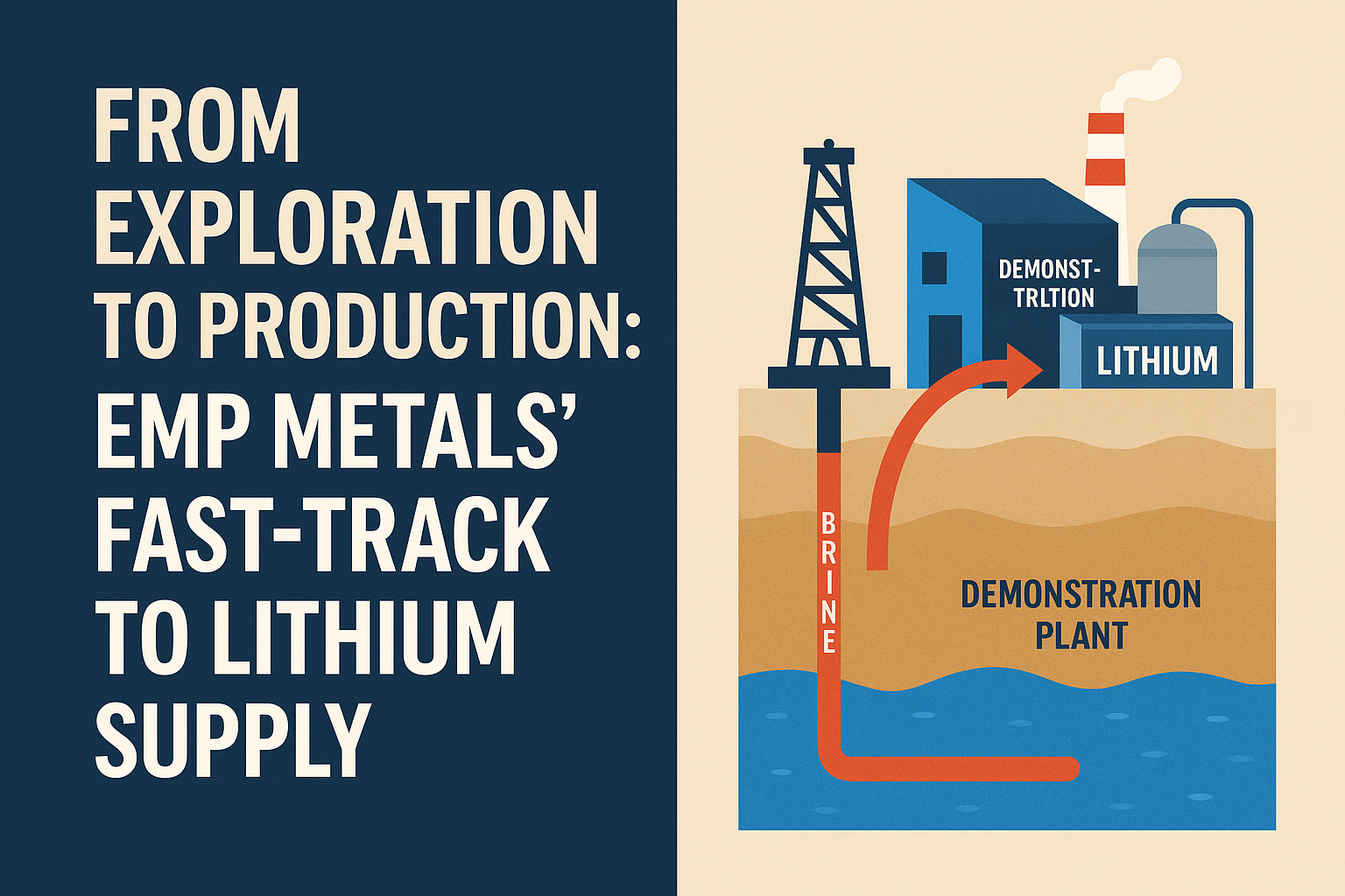 Digital infographic showing brine extraction leading to a lithium demonstration plant, with bold headline text reading “From Exploration to Production: EMP Metals’ Fast-Track to Lithium Supply”