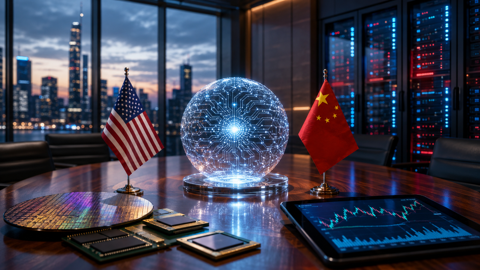 U.S. and China flags stand beside a glowing AI sphere, semiconductor chips, market charts and data center servers in a modern boardroom.