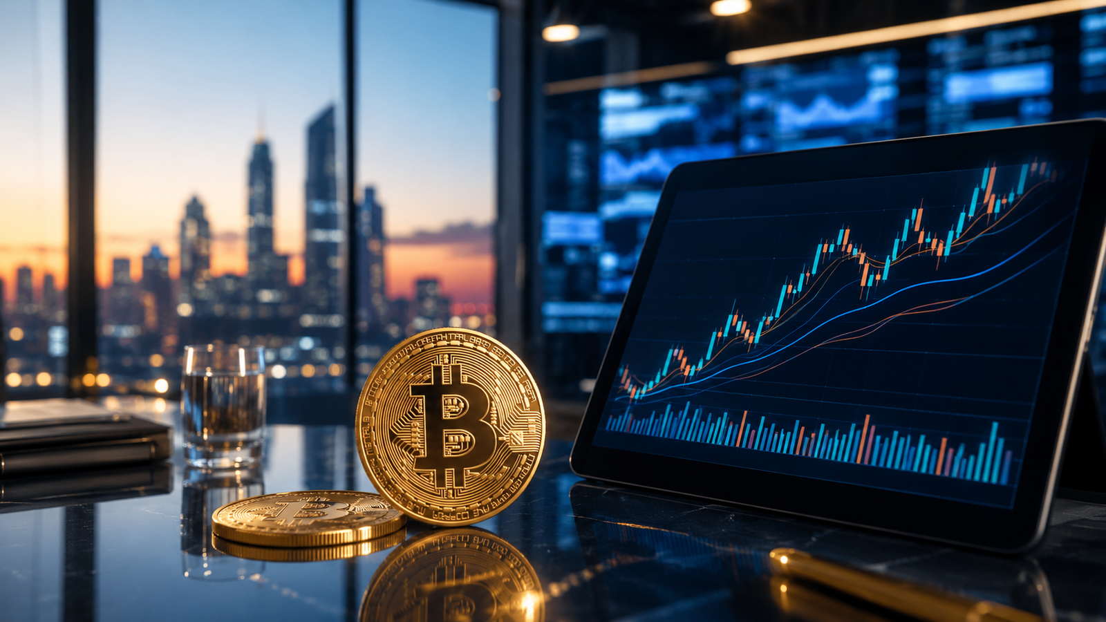 Gold Bitcoin coins sit beside a tablet showing an upward market chart in a modern financial office with city skyline views.