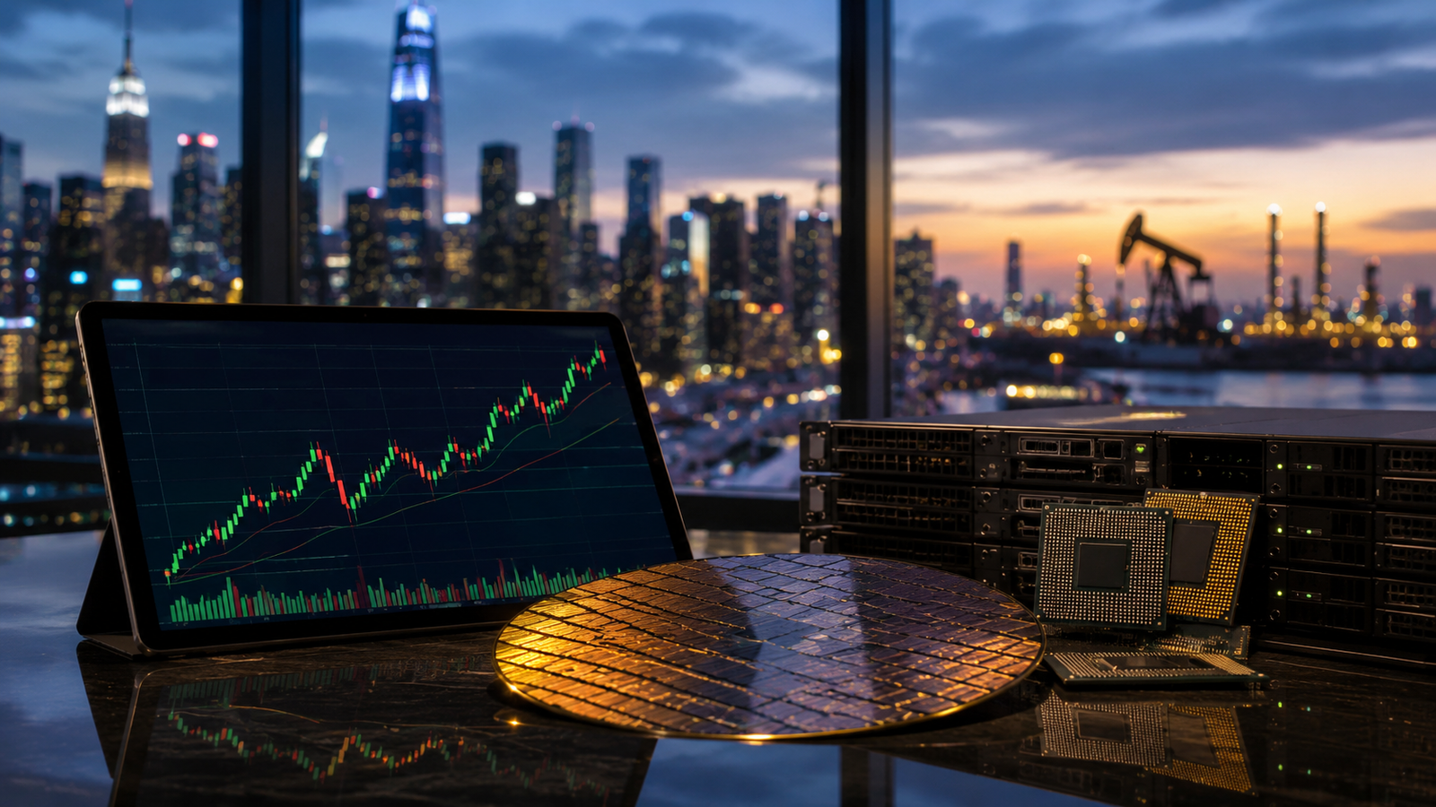 A trading screen with an upward market chart sits beside semiconductor chips and server hardware, with a city skyline and distant oil infrastructure at dusk.