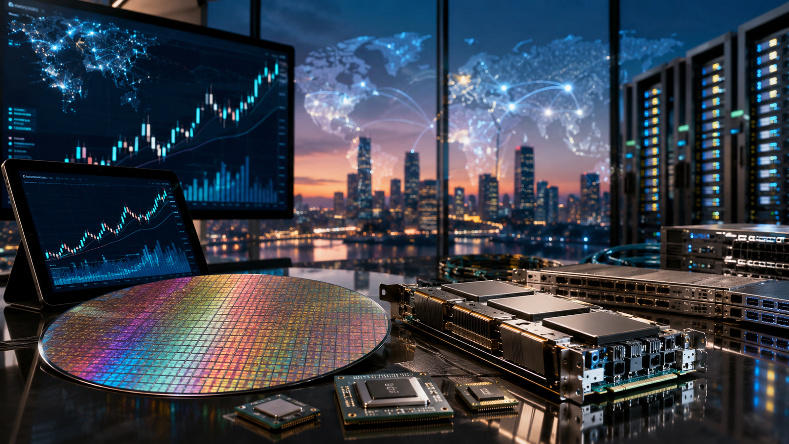 Semiconductor wafers, AI accelerator chips and server hardware sit beside rising market charts in a high-tech finance office.