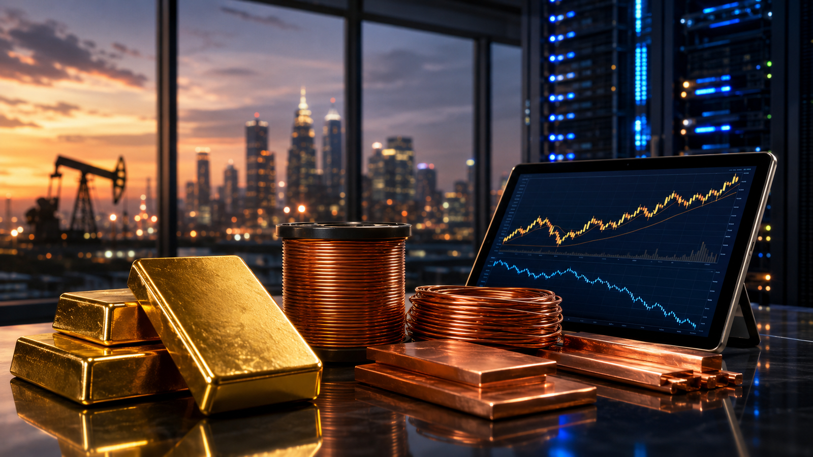 Gold bars and copper coils sit on a reflective desk beside market charts, with server racks, a city skyline and a distant oil pumpjack in the background.