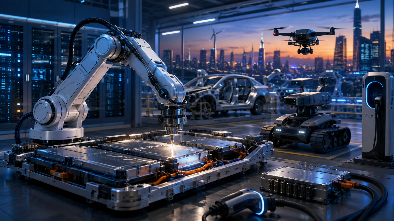 A robotic arm assembles an electric vehicle battery pack beside a drone, autonomous ground robot and EV charging equipment in a modern high-tech factory.