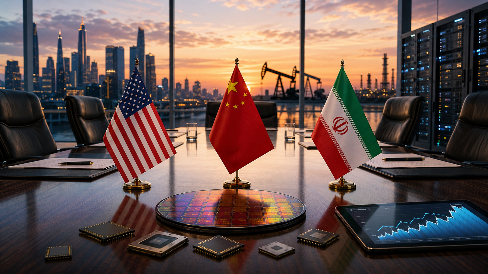 U.S., China and Iran flags stand on a boardroom table with semiconductor chips, a wafer, a market chart tablet, server racks and distant oil infrastructure.